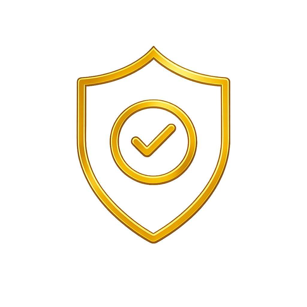 Gold shield icon with a check mark on a white background