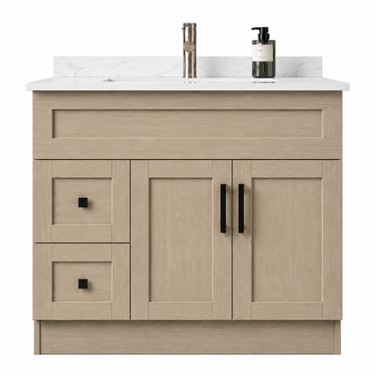 Beige bathroom vanity with Quartz countertop, faucet, and soap dispenser on a white background