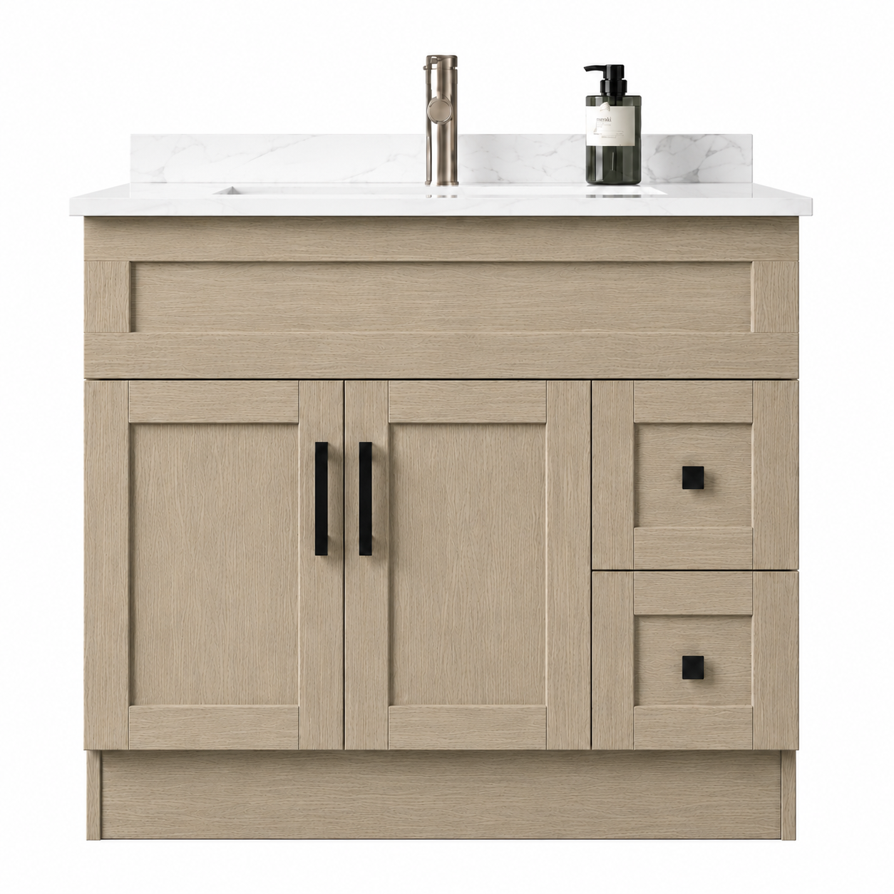 Beige bathroom vanity with Quartz countertop and sink on a white background