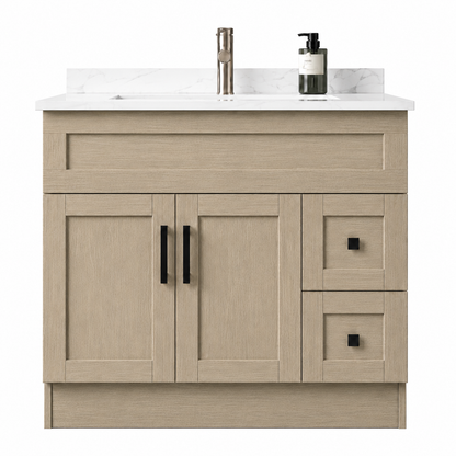 Beige bathroom vanity with Quartz countertop and sink on a white background