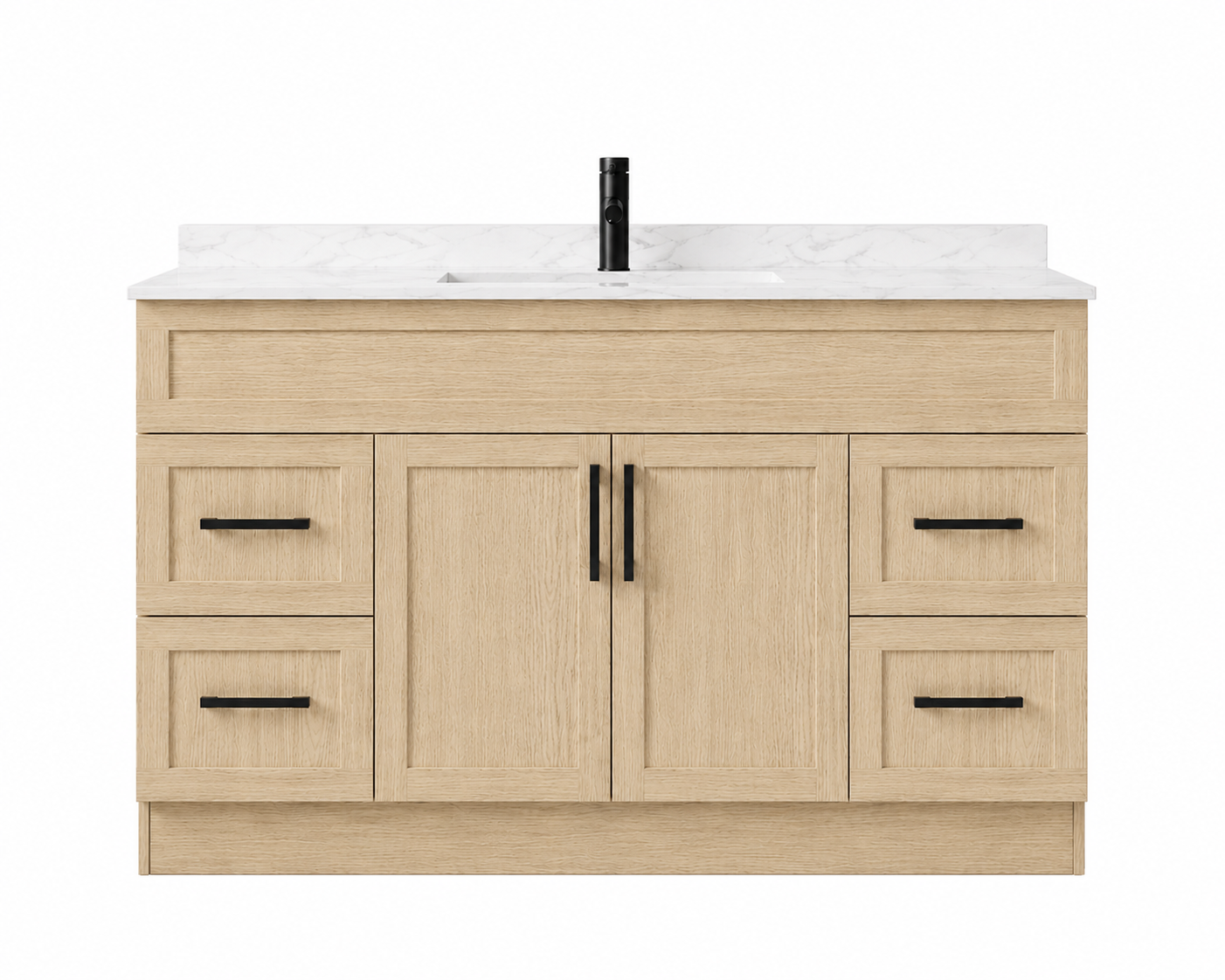 Bathroom vanity with wooden finish, white countertop, and black fixtures on a white background