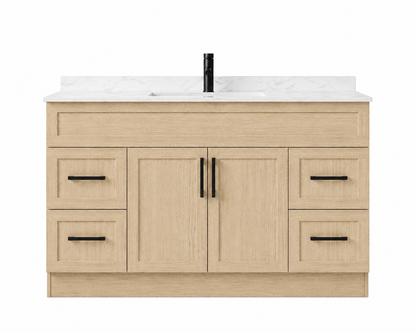 Bathroom vanity with wooden finish, white countertop, and black fixtures on a white background