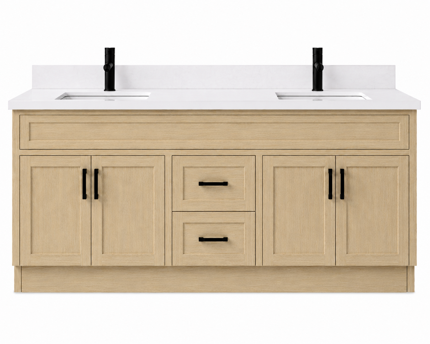 Beige bathroom vanity with white countertop and black fixtures on a white background