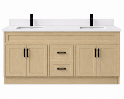 Beige bathroom vanity with white countertop and black fixtures on a white background