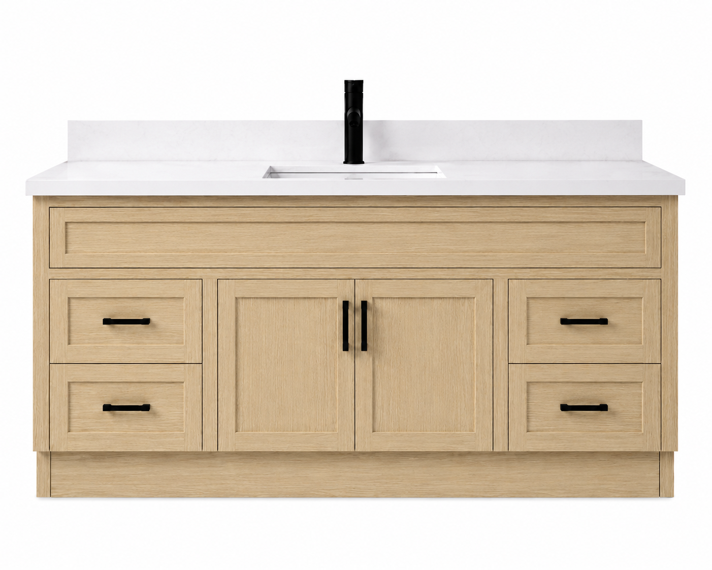 Bathroom vanity with white countertop and black fixtures on a white background