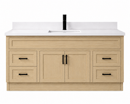 Bathroom vanity with white countertop and black fixtures on a white background