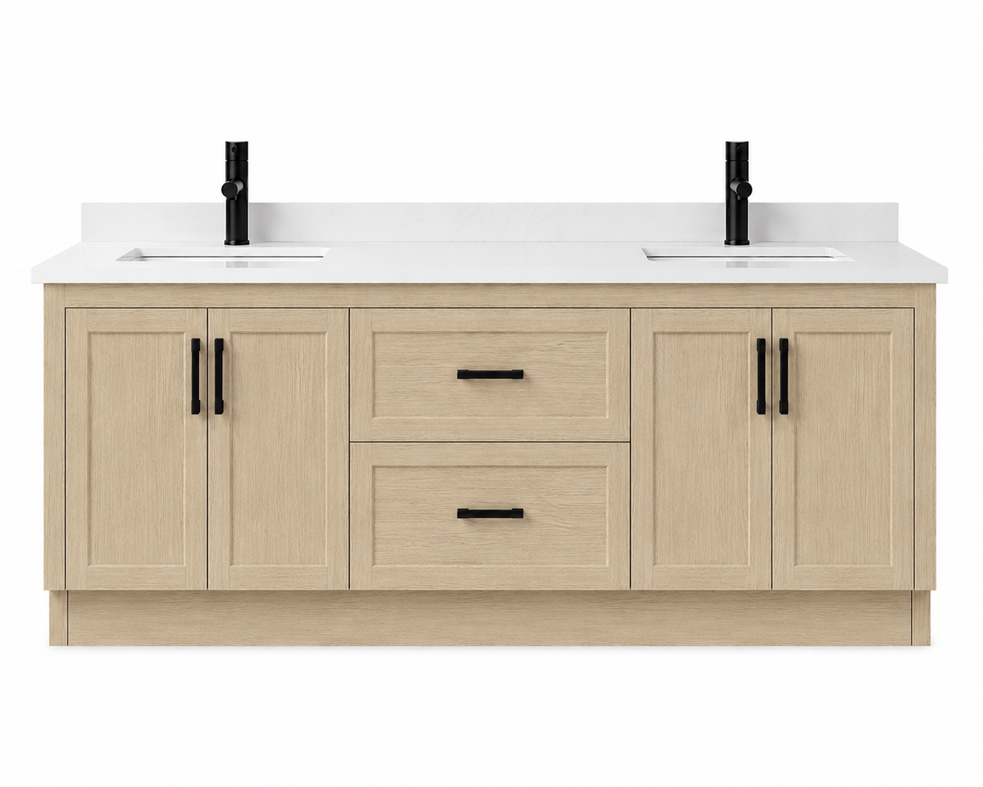 Bathroom vanity with double sink and light wood finish