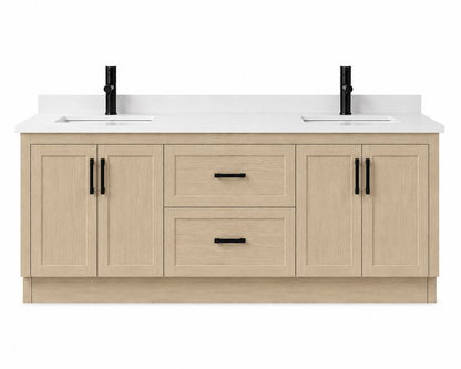 Bathroom vanity with double sink and light wood finish