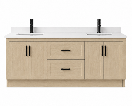 Bathroom vanity with double sink and light wood finish