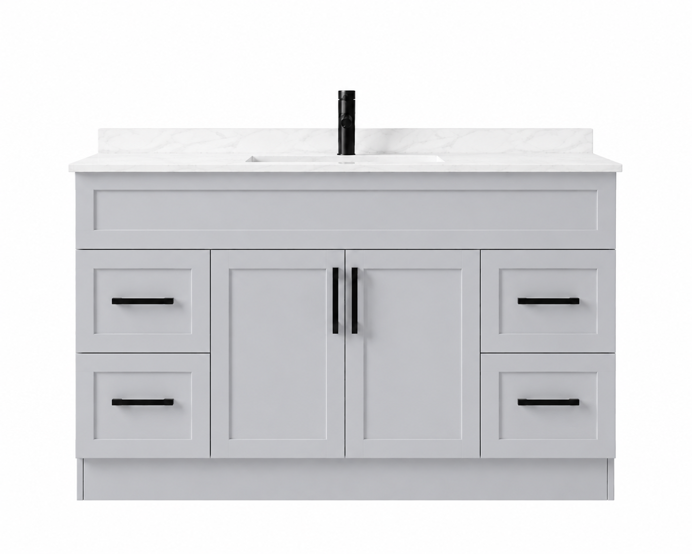 Gray bathroom vanity with white countertop and black fixtures on a white background