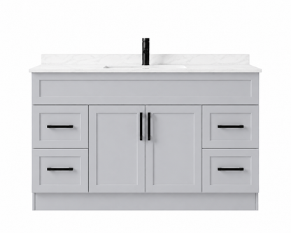 Gray bathroom vanity with white countertop and black fixtures on a white background