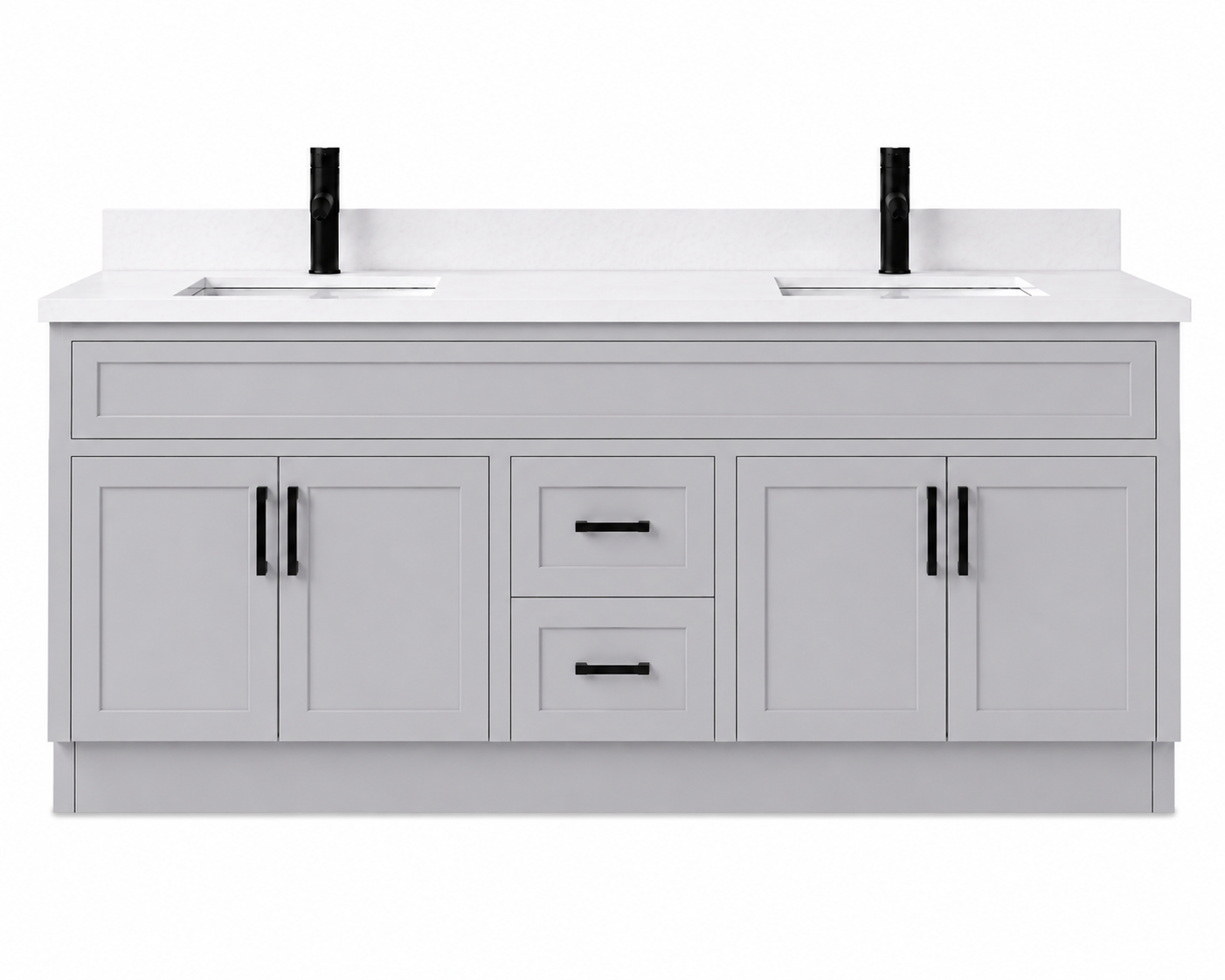Gray bathroom vanity with white countertop and black fixtures on a white background