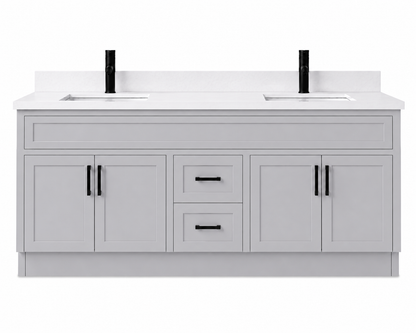 Gray bathroom vanity with white countertop and black fixtures on a white background