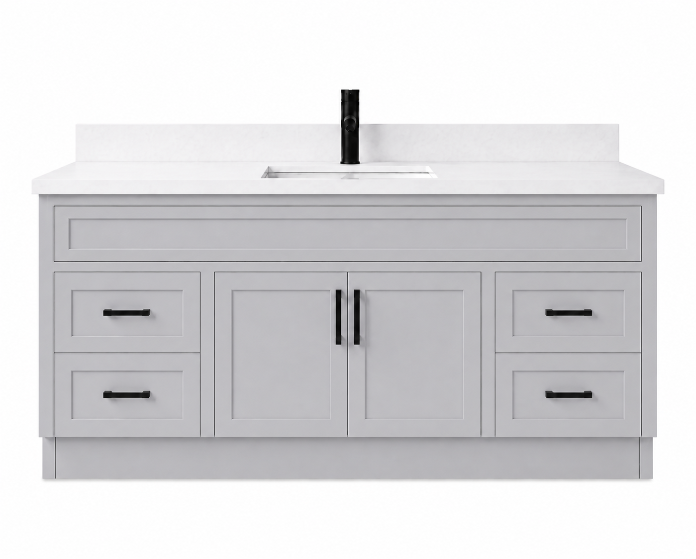 Gray bathroom vanity with white countertop and black fixtures on a white background