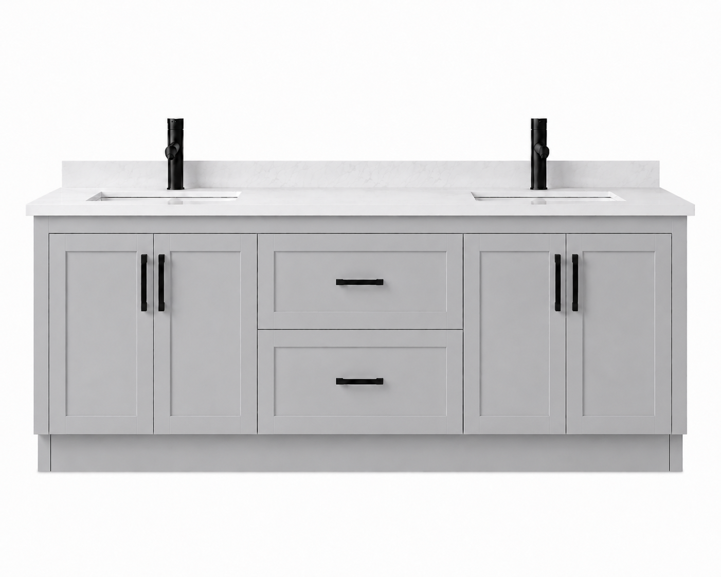 Gray bathroom vanity with white countertop and black fixtures on a white background