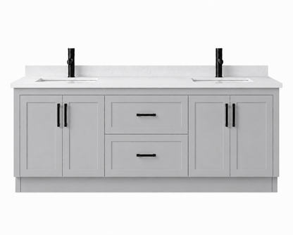 Gray bathroom vanity with white countertop and black fixtures on a white background