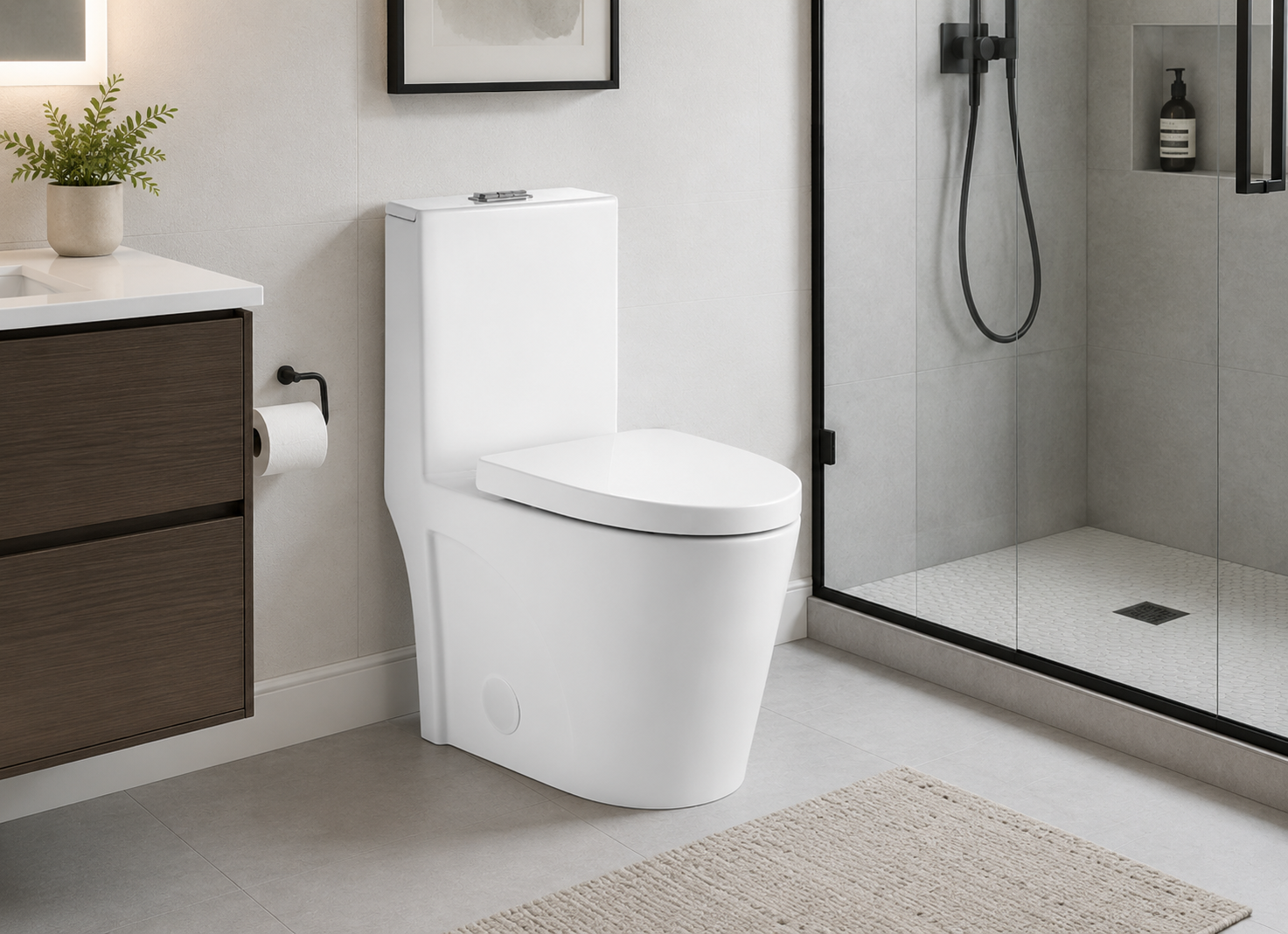 Luna One-Piece Dual Flush Toilet installed in a modern bathroom featuring a white ceramic finish, soft-close seat, glass walk-in shower, floating wood vanity, and contemporary design in Toronto, Vaughan, and the Greater Toronto Area (GTA).