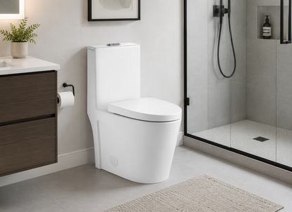 Luna One-Piece Dual Flush Toilet installed in a modern bathroom featuring a white ceramic finish, soft-close seat, glass walk-in shower, floating wood vanity, and contemporary design in Toronto, Vaughan, and the Greater Toronto Area (GTA).