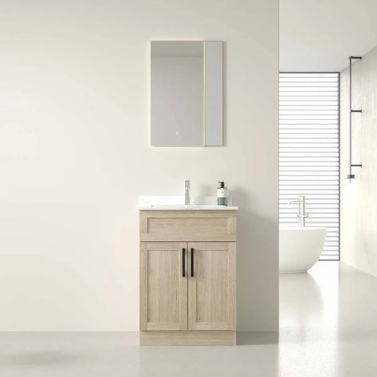 Bathroom vanity with mirror and sink in a modern setting