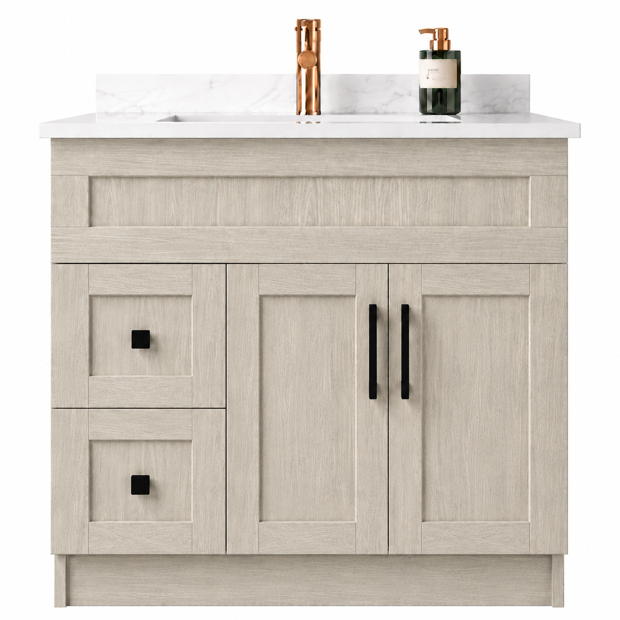 Bathroom vanity with marble countertop and copper fixtures on a white background