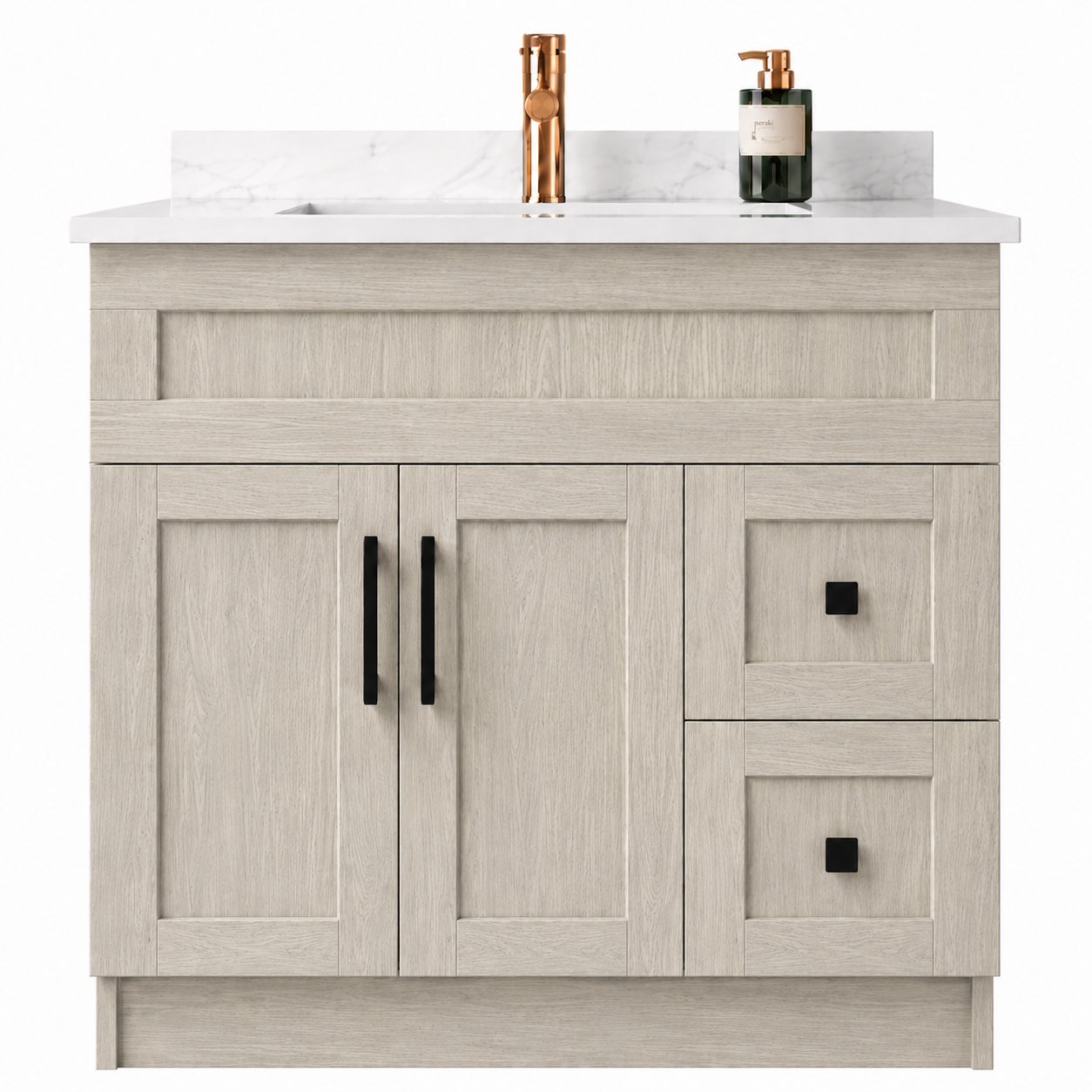 Bathroom vanity with Quartz countertop, copper fixtures, and bottles on a white background