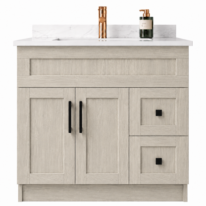Bathroom vanity with Quartz countertop, copper fixtures, and bottles on a white background