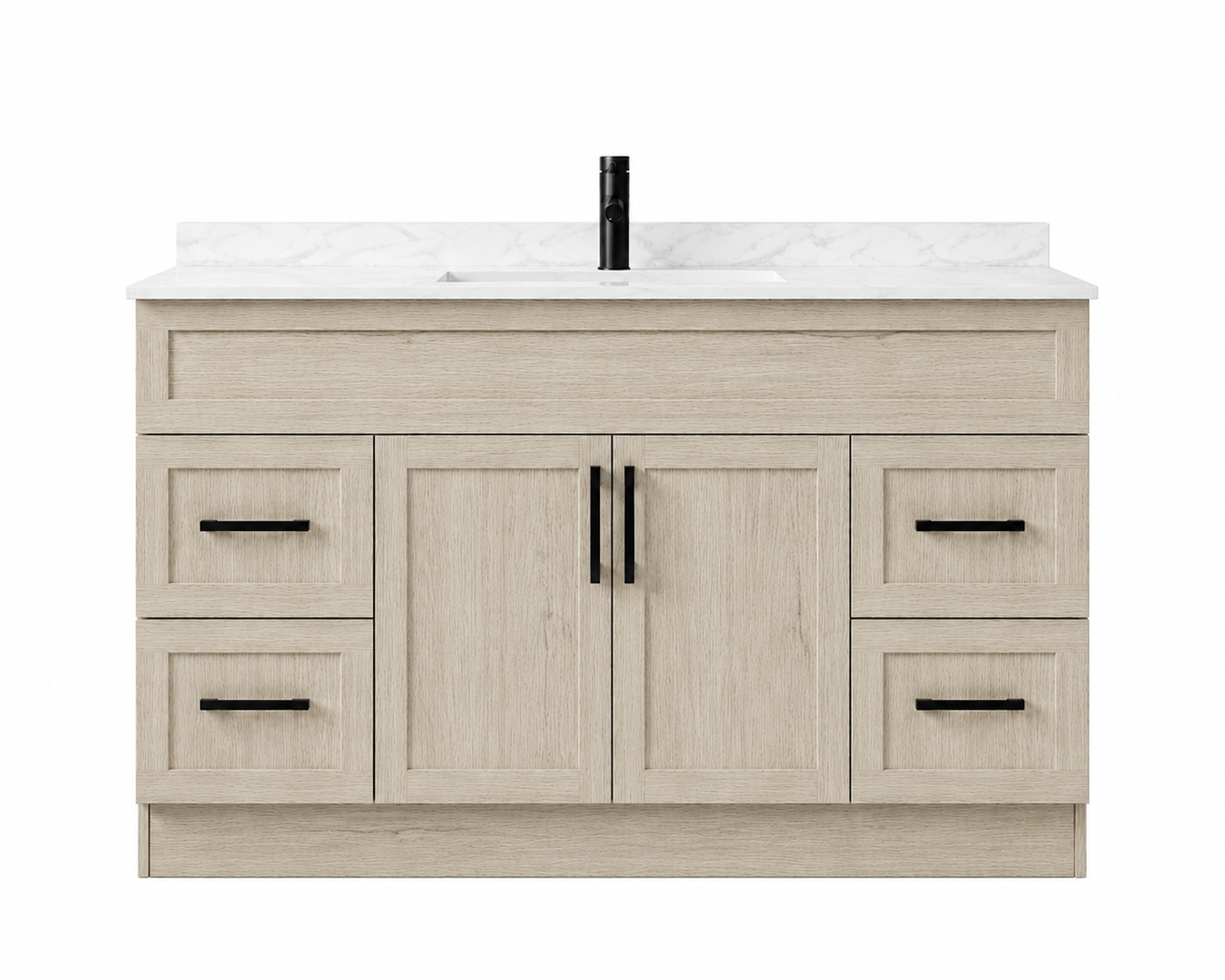 Bathroom vanity with white countertop and black fixtures on a white background