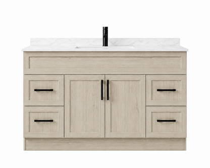 Bathroom vanity with white countertop and black fixtures on a white background