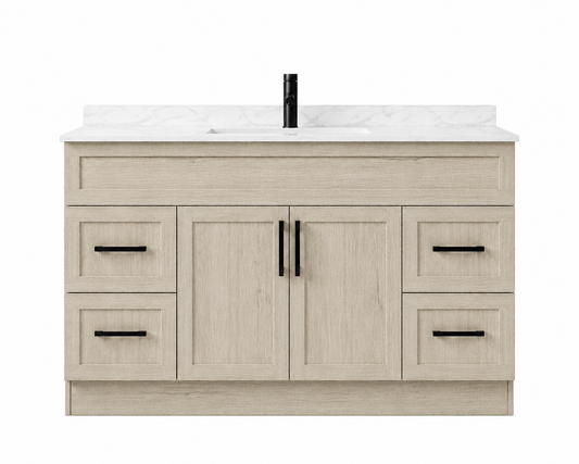 Bathroom vanity with white countertop and black fixtures on a white background