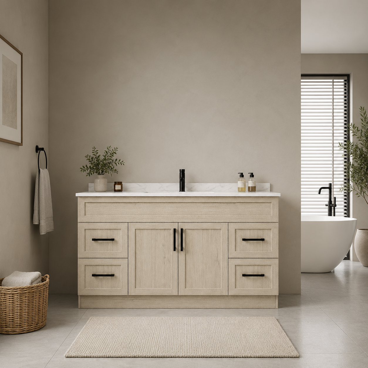 Bathroom with wooden vanity, sink, and bathtub.