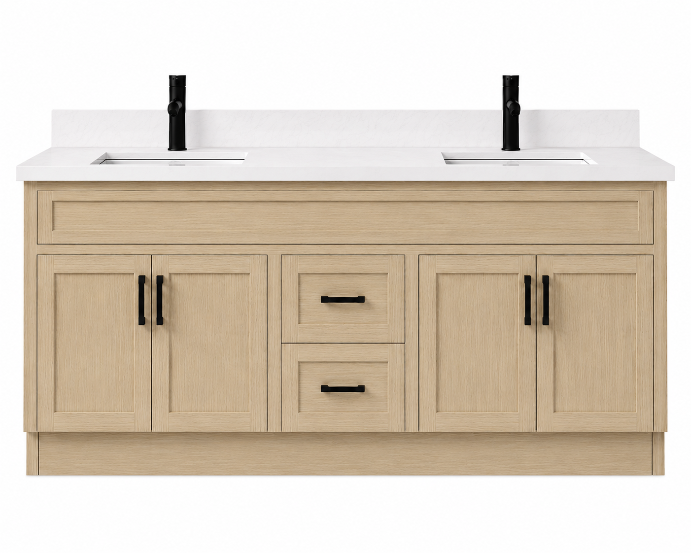 Beige bathroom vanity with white countertop and black fixtures on a white background