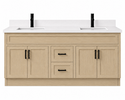 Beige bathroom vanity with white countertop and black fixtures on a white background
