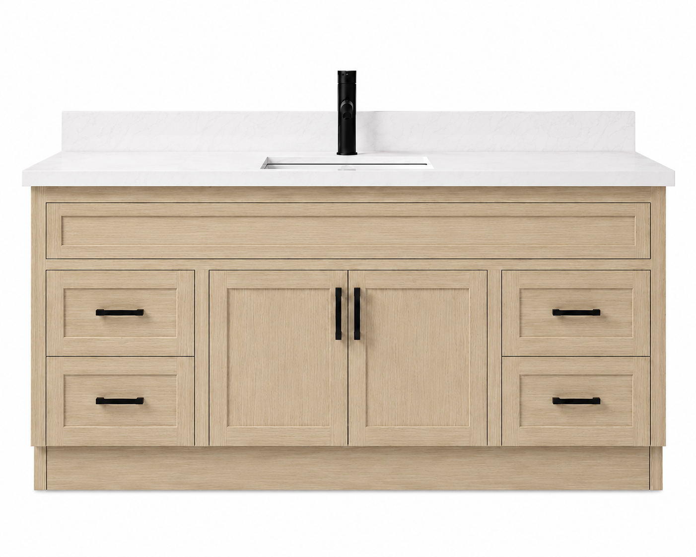 Bathroom vanity with white countertop and black faucet on a white background