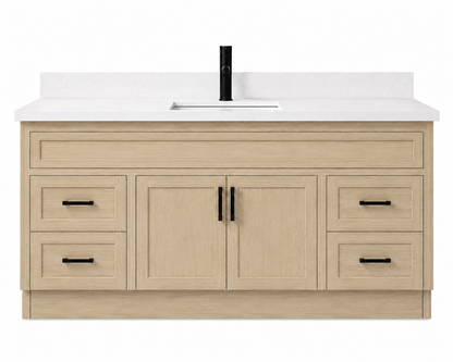 Bathroom vanity with white countertop and black faucet on a white background