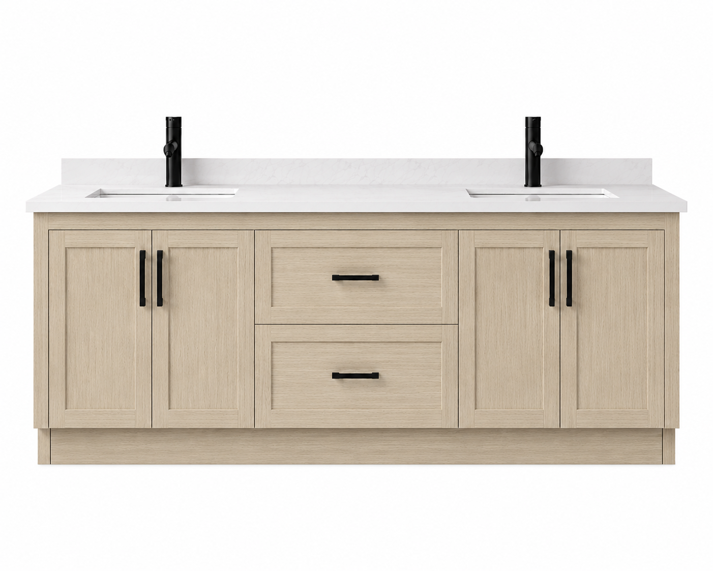 Bathroom vanity with double sink and light wood finish
