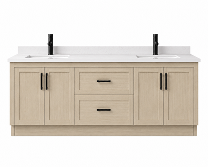 Bathroom vanity with double sink and light wood finish
