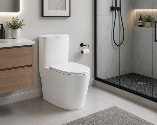 Nova One-Piece Dual Flush Toilet installed in a modern bathroom featuring a white ceramic finish, soft-close seat, floating wood vanity, glass walk-in shower, and contemporary design for homes in Toronto, Vaughan, and the Greater Toronto Area (GTA).