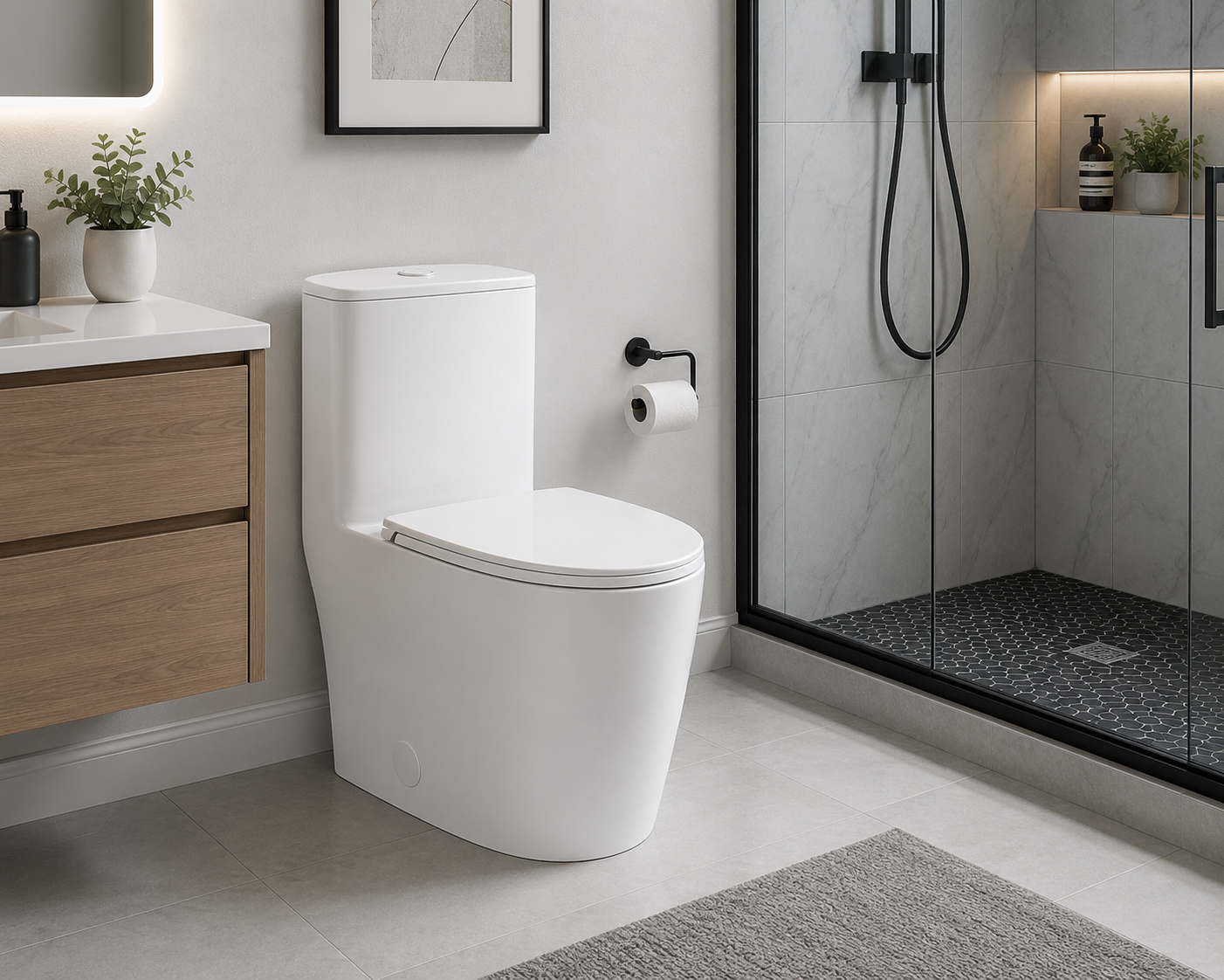 Nova One-Piece Dual Flush Toilet installed in a modern bathroom featuring a white ceramic finish, soft-close seat, floating wood vanity, glass walk-in shower, and contemporary design for homes in Toronto, Vaughan, and the Greater Toronto Area (GTA).