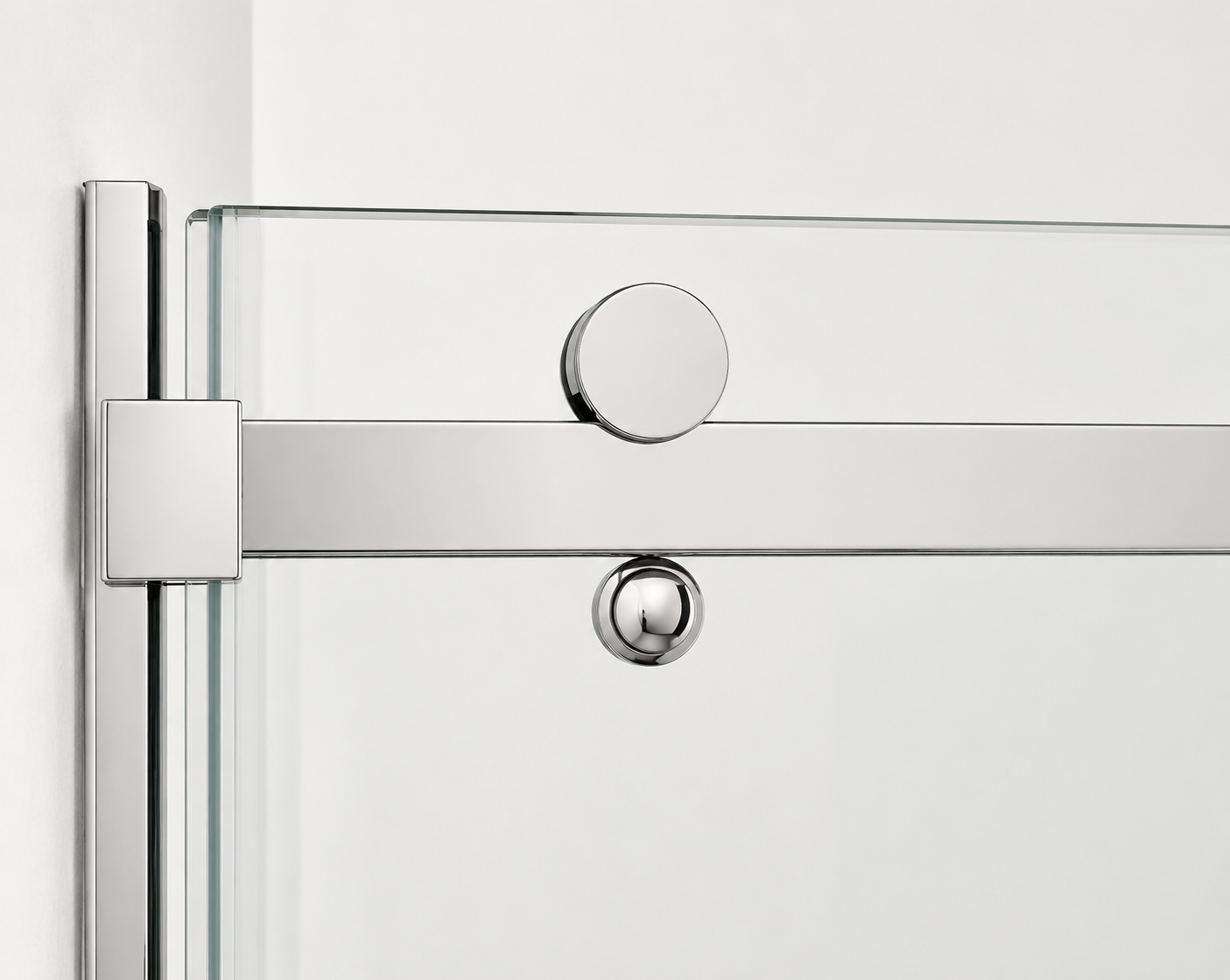 Close-up of a shower door with chrome fixtures on a white background