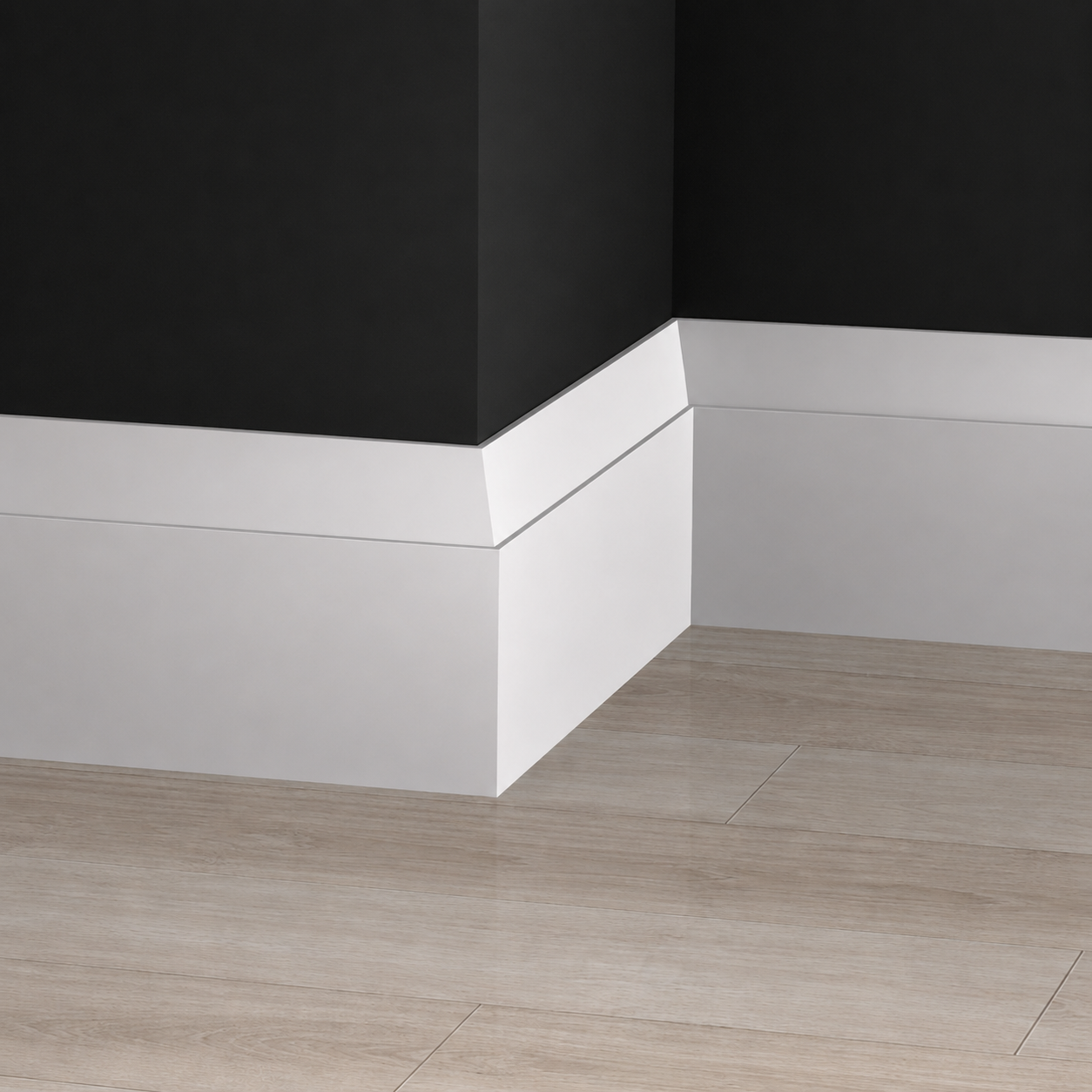 White baseboard against a black wall with a wooden floor.