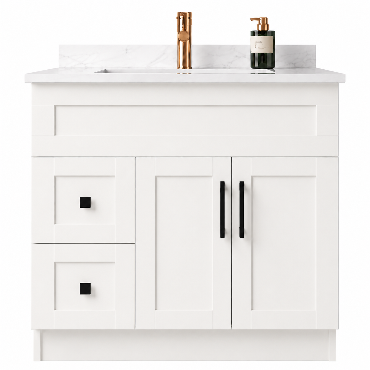 White bathroom vanity with Quartz countertop and fixtures on a white background