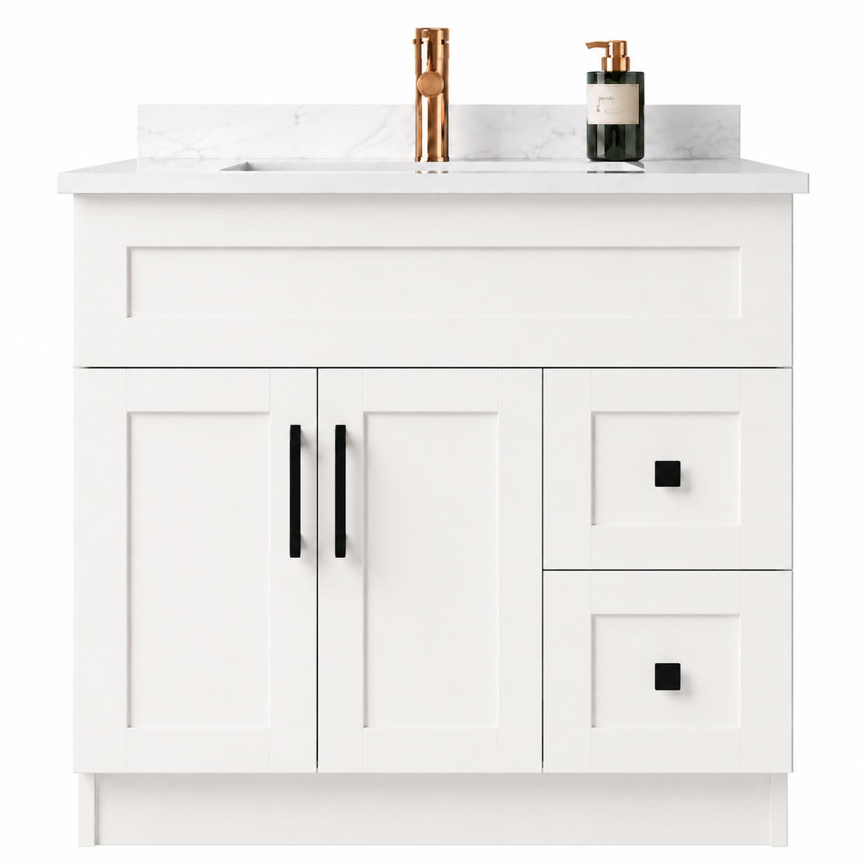 White bathroom vanity with Quartz countertop and fixtures on a white background