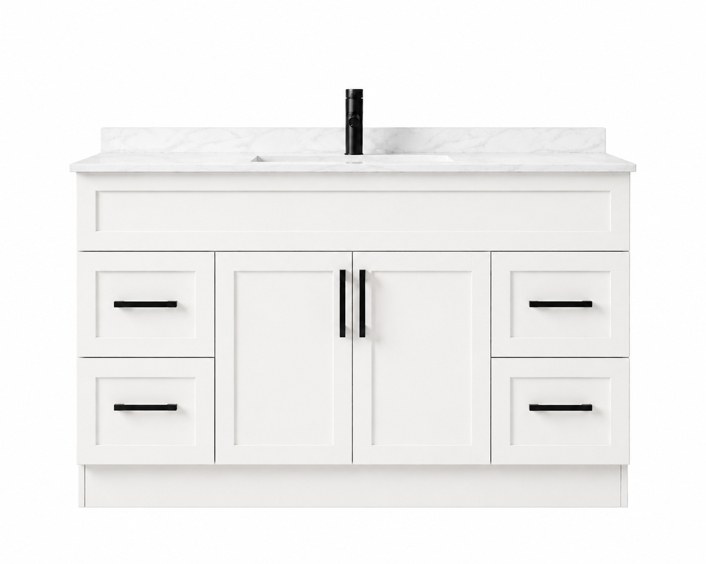 White bathroom vanity with black fixtures on a white background