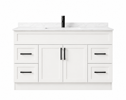 White bathroom vanity with black fixtures on a white background