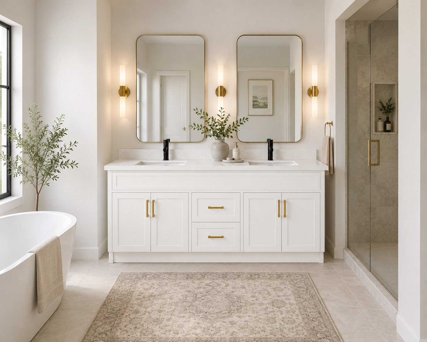 Bathroom with white vanity, mirrors, and a freestanding bathtub.