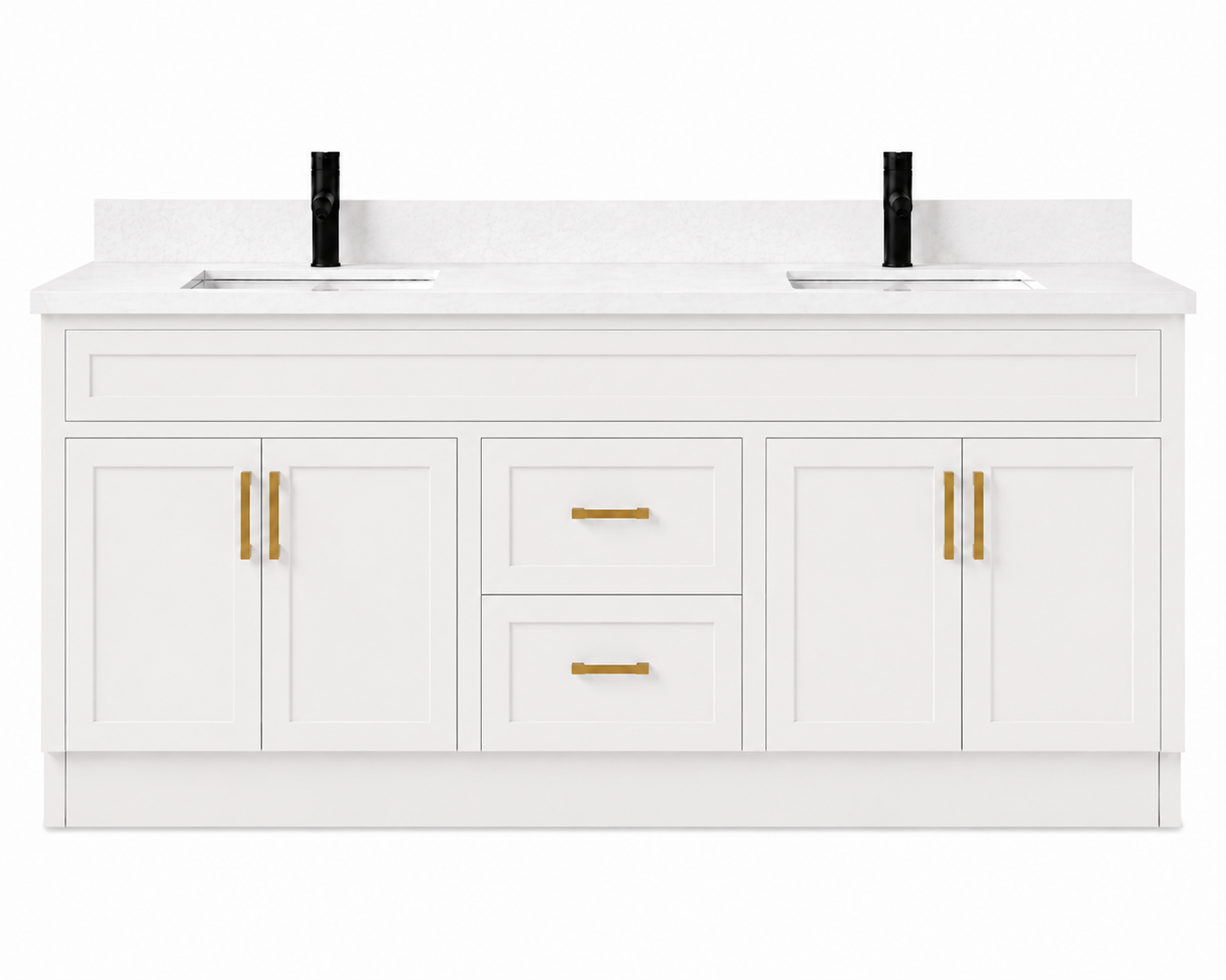 White bathroom vanity with gold handles on a white background