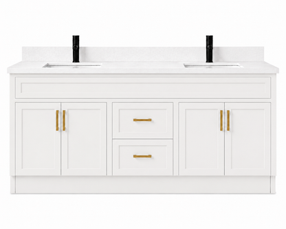 White bathroom vanity with gold handles on a white background