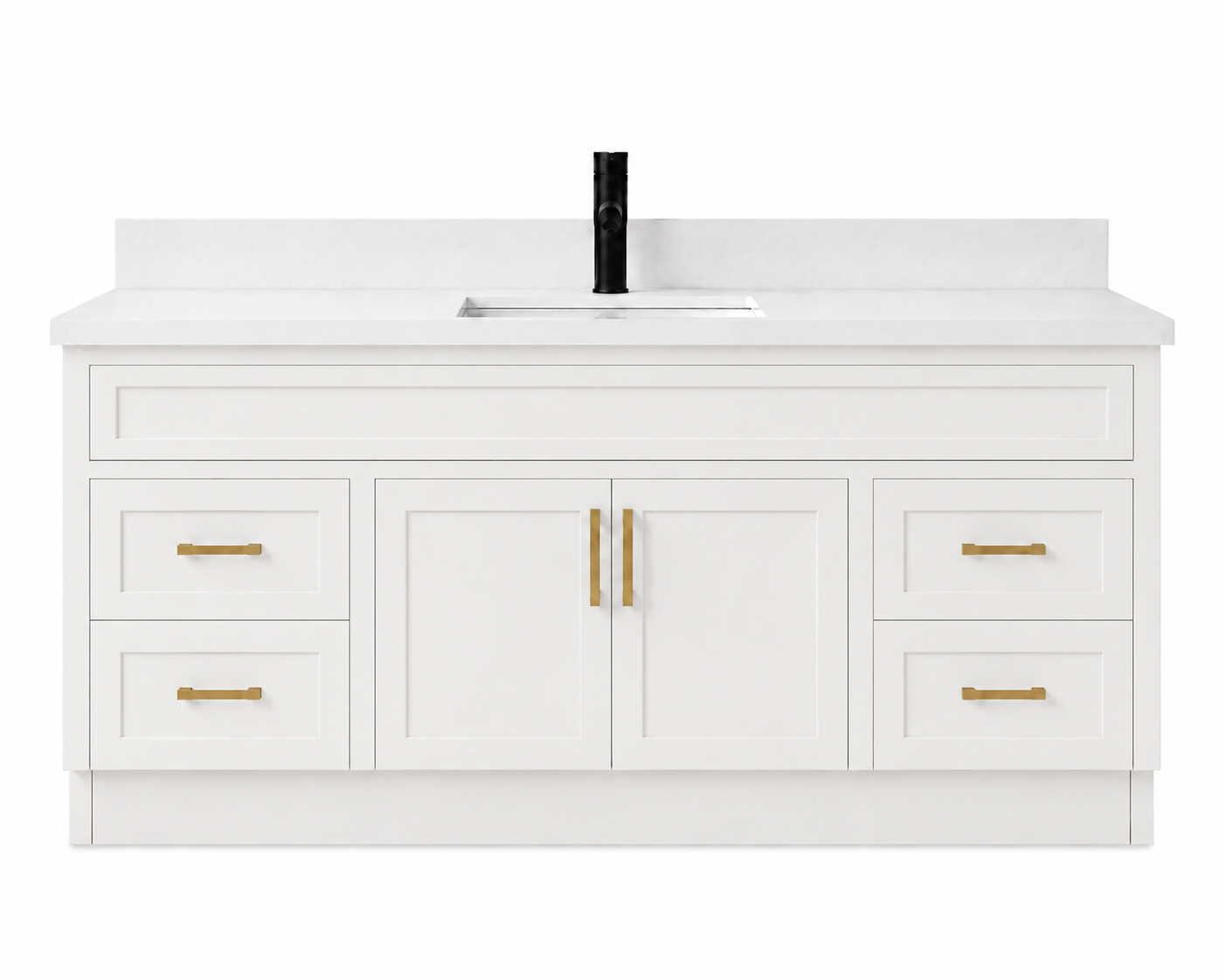 White bathroom vanity with marble countertop and black faucet on a white background