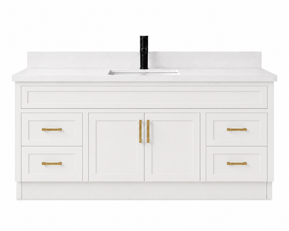 White bathroom vanity with marble countertop and black faucet on a white background