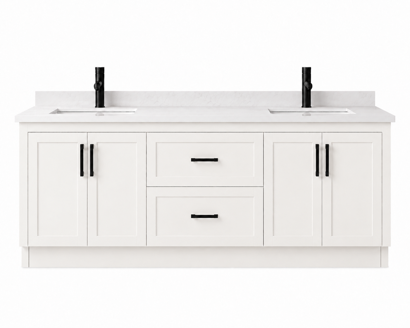 White bathroom vanity with marble countertop and black fixtures on a white background